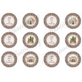 Karácsonyi házikók és feliratok drapp körökben