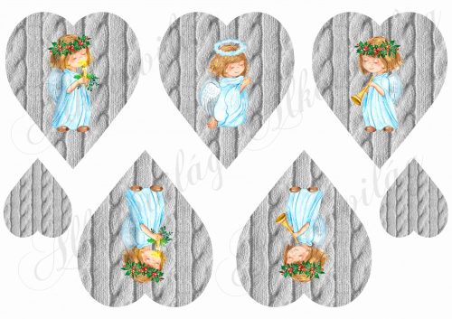 angels in blue dresses on knitted hearts