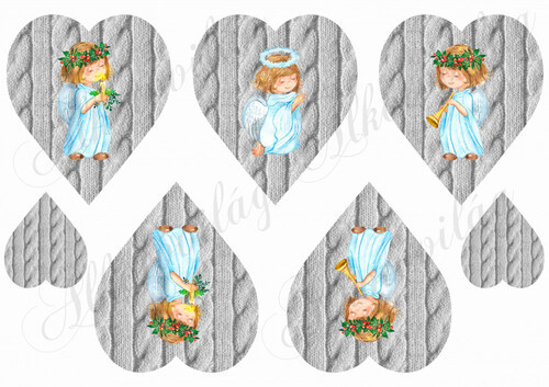 Kék ruhás angyalkák kötött mintás szíveken