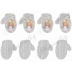 Szőke szépséges angyalka szürke kötött kesztyűkön