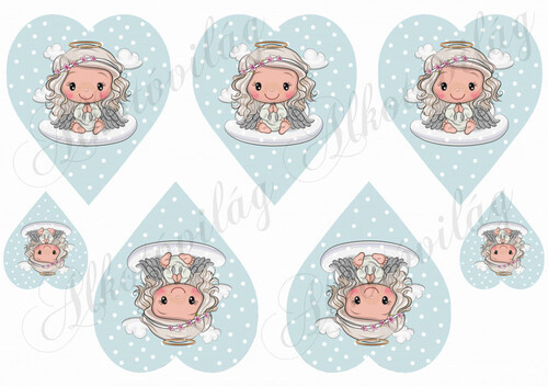 Szépséges angyalka halványkék szíveken hóesésben