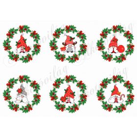 Cuki karácsonyi manók piros masnis koszorúkban