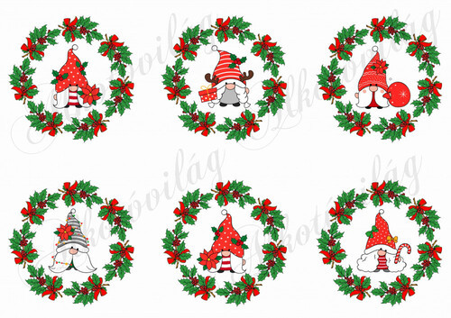 Cuki karácsonyi manók piros masnis koszorúkban