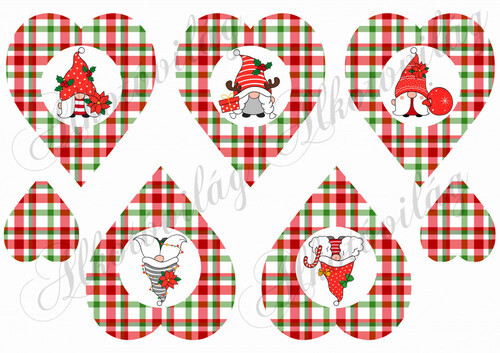 Cuki karácsonyi manók piros-zöld kockás szívekben