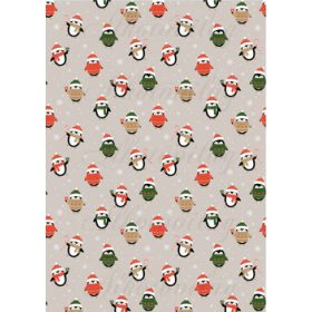   Cuki pingvinek sálban, mikulássapkában szürkésbarna alapon