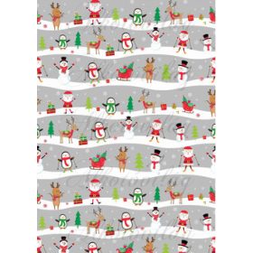   Pingvin, szarvas, hóember, mikulás dombok között hóesésben