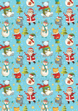 Retro mikulás, hóember, maci, róka fenyőfákkal, csillagokkal