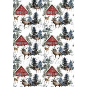 Téli táj piros házzal, őzikékkel, szarvasokkal