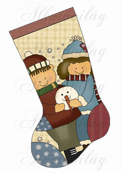 Mikuláscsizma mosolygós lánykával, fiúval és hóemberrel