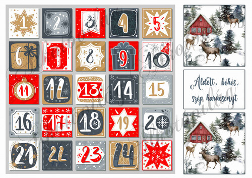 Adventi számok piros-acélkékes-barnás árnyalatban