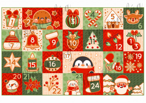 Cuki adventi naptár mézeskalács fugurákkal piros-zöld árnyalatban