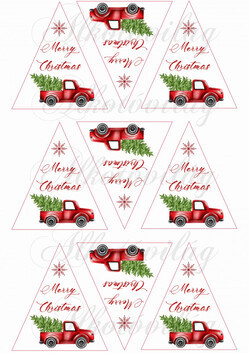 Karácsonyi autók MERRY CHRISTMAS felirattal háromszög alapon fenyődíszhez