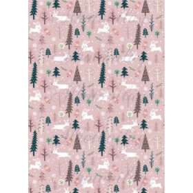   Nyuszik és őzikék csengőkkel, fenyőfákkal rózsaszín alapon