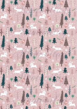Nyuszik és őzikék csengőkkel, fenyőfákkal rózsaszín alapon