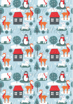 Nyuszik, pingvinek, jegesmacik és őzikék házikókkal, fenyőfákkal