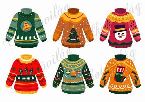 Csúnya karácsonyi pulcsik hóemberrel, fenyőfával