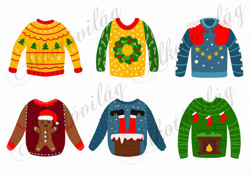 Csúnya karácsonyi pulcsik mézeskalács babával, koszorúval