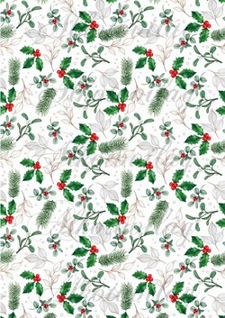 Magyal levelek piros bogyókkal, fenyőágak és más levelek