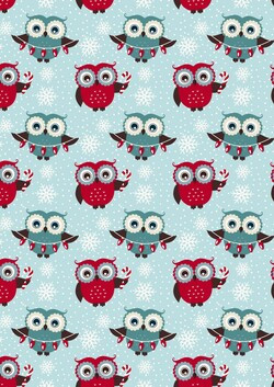 Karácsonyi baglyok cukorkabottal hópelyhek között