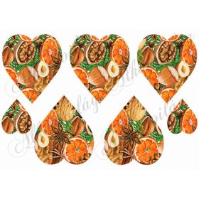   Karácsonyi hangulatú szívek narancskarikákkal, ánizs csillaggal, dióval, mogyoróval