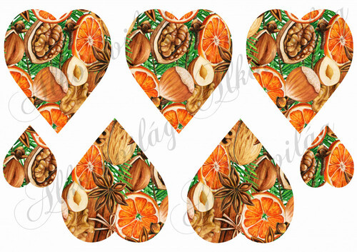 Karácsonyi hangulatú szívek narancskarikákkal, ánizs csillaggal, dióval, mogyoróval