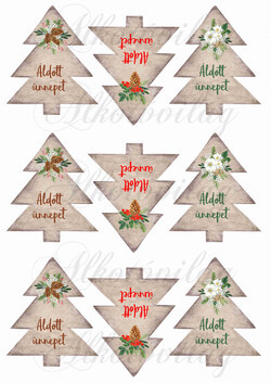 Papír utánzatú fenyőfák karácsonyi kompozíciókkal