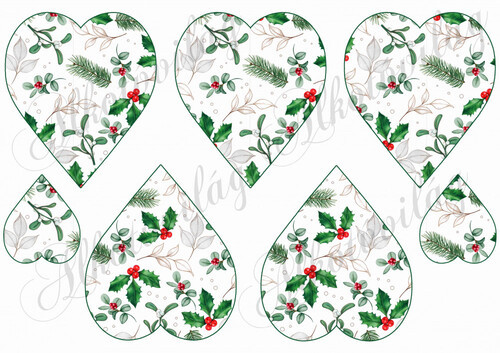 Szívek magyal levelekkel, piros bogyókkal, fenyőágakkal
