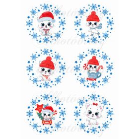 Cuki cicák karácsonyi sapiban, hópelyhes koszorúkban