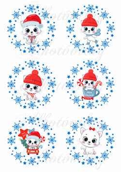 Cuki cicák karácsonyi sapiban, hópelyhes koszorúkban