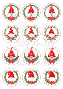 Karácsonyi manók fenyőkoszorúkban körökben