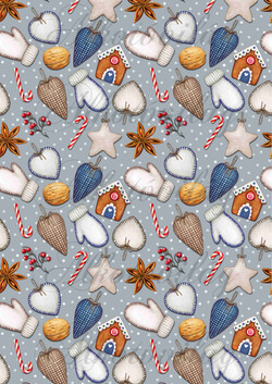 Mézeskalács házikók varrott kesztyűvel, szívekkel, cukorkabottal