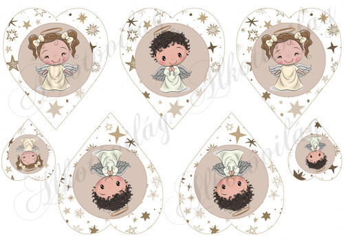 Kisfiú és kislány angyalkák csillagos szívekben