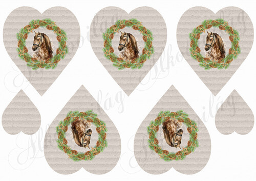 Kézzel festett ló karácsonyi koszorúban hullámpapír struktúrájú szíveken