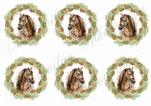 Kézzel festett ló karácsonyi tobozos koszorúban