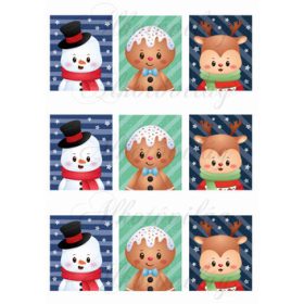   Tüneményes karácsonyi figurák kártyákon- hóember, mézi, szarvas 6 x7 cm