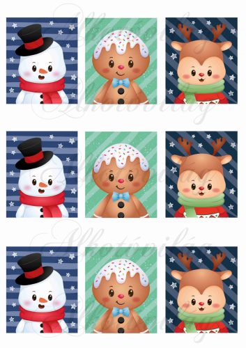 Tüneményes karácsonyi figurák kártyákon- hóember, mézi, szarvas 6 x7 cm