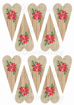 Hosszúkás szívek fából és textilből mikulásvirágokkal KICSIBEN