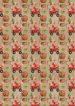 Vintage karácsonyi papírok léghajókkal, csomagokkal, fenyőfákkal