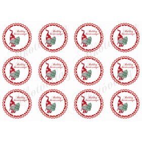 Manók piros pöttyös kör alapon felirattal