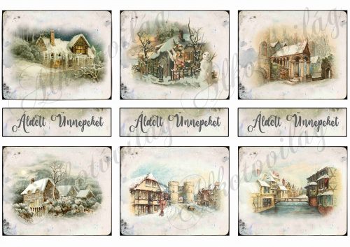 Vintage karácsonyi képeslapok házikókkal