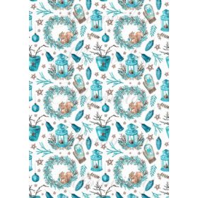   Karácsonyi mintás készlet kék-barna színekben - mókusok koszorúkban, kesztyű, mécses, csillagok