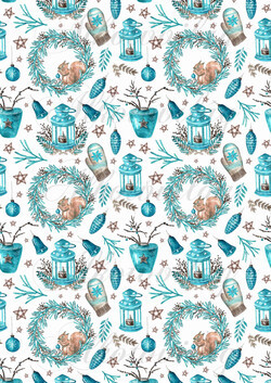 Karácsonyi mintás készlet kék-barna színekben - mókusok koszorúkban, kesztyű, mécses, csillagok