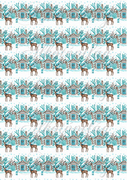 Karácsonyi mintás készlet kék-barna színekben - szarvasok házikókkal - KICSIBEN