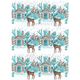   Karácsonyi mintás készlet kék-barna színekben - szarvasok házikókkal