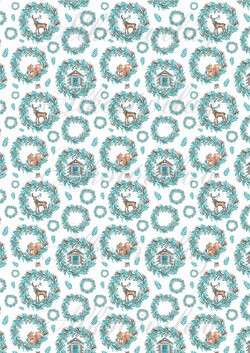 Karácsonyi mintás készlet kék-barna színekben - szarvasok, mókusok és házikók koszorúkban