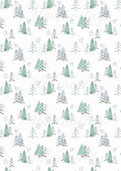 Kézzel festett skandináv szett zöldes-sárgás színben - Cuki fenyőfák és eső