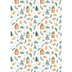   Kézzel festett skandináv szett zöldes-sárgás színben - Kismadár, fenyő, ajándékdoboz, ház, karácsonyfadísz