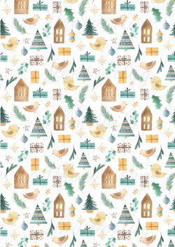 Kézzel festett skandináv szett zöldes-sárgás színben - Kismadár, fenyő, ajándékdoboz, ház, karácsonyfadísz