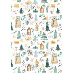   Kézzel festett skandináv szett zöldes-sárgás színben - Maci, kismadár, fenyő, ajándékdoboz, ház