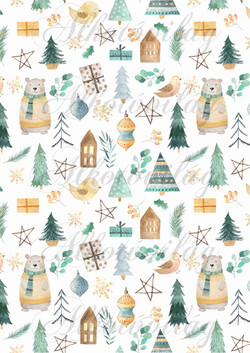 Kézzel festett skandináv szett zöldes-sárgás színben - Maci, kismadár, fenyő, ajándékdoboz, ház